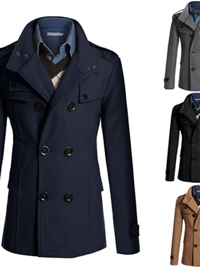  casaco masculino de inverno trench coat duplo trançado ervilha com gola entalhada sobretudo de negócios (preto, médio)