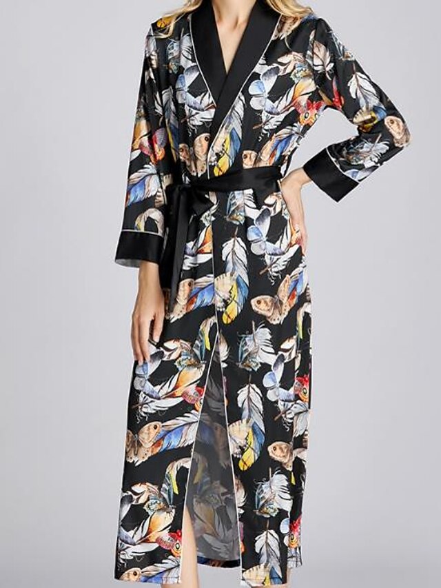  Women's Polyester Normal Deep V Robes Gown Pajamas Print / Feathers