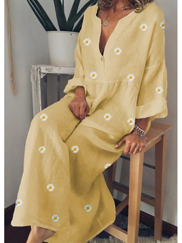  Mujer Vestido largo maxi Vestido de una línea Amarillo Verde Trébol Azul claro Manga Larga Floral Floral Escote en Pico Primavera Verano Corte Ancho M L XL XXL 3XL 4XL 5XL / Algodón / Algodón