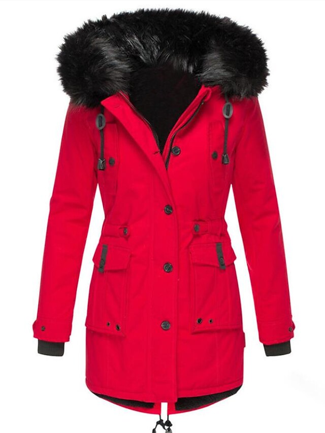  Women's Padded Long Coat Regular Fit Jacket Solid Colored Black Red