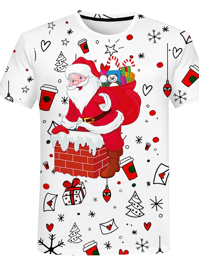  Infantil Para Meninos Camisa Camiseta Manga Curta Papai Noel Estampa Colorida 3D Natal Estampado Crianças Blusas Básico Moda de Rua Branco