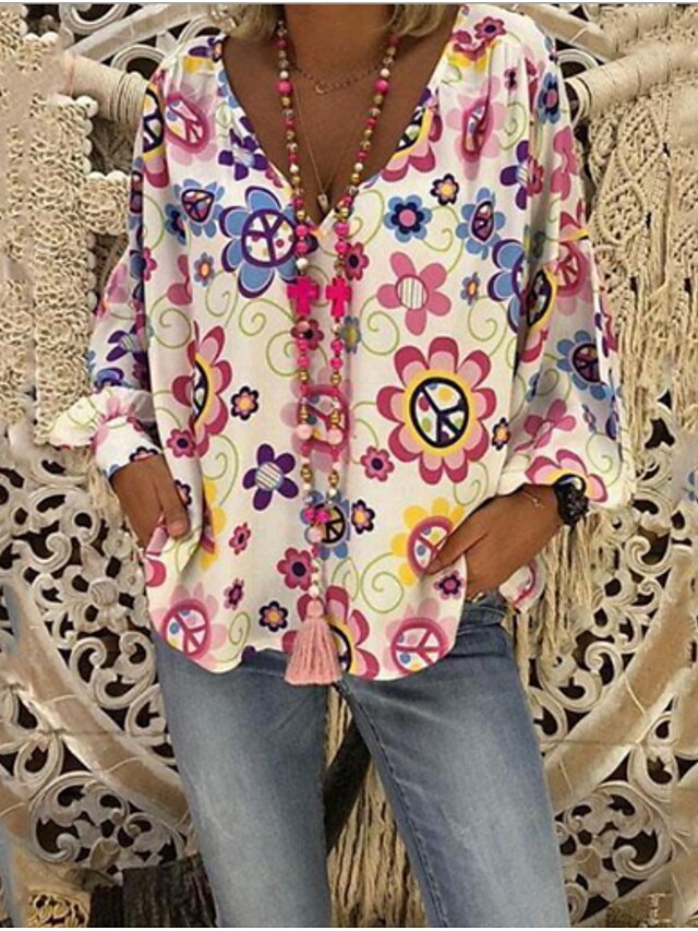  Damen Übergröße Bluse Hemd Blumen Blume Bedruckt V-Ausschnitt Alltag Boho Oberteile Weiß