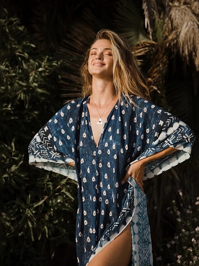  Women's Loose Blue White 3/4 Length Sleeve Print V Neck Loose One-Size / Maxi