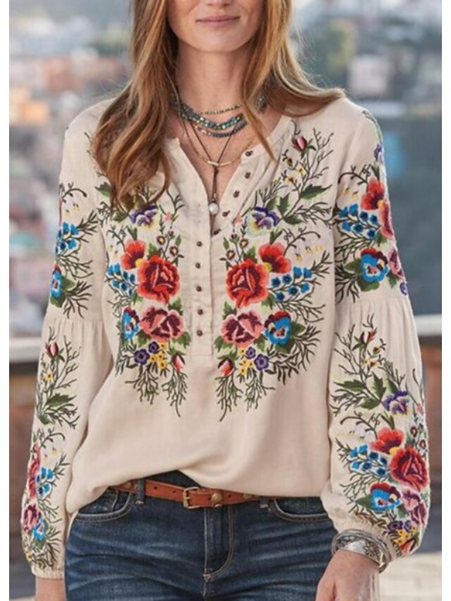  Women's Blouse Peasant Blouse Shirt Floral Flower Long Sleeve V Neck Tops Loose Blue Yellow Blushing Pink