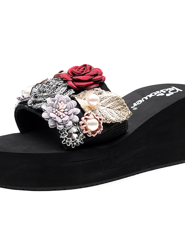  Women's Slippers & Flip-Flops Wedge Heel Open Toe Casual Chinoiserie Daily Beach Walking Shoes Polyester Imitation Pearl Satin Flower Stitching Lace Solid Colored Summer Pink Light Grey Dark Blue