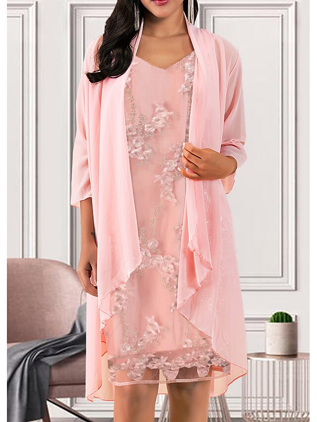  Women's A-Line Dress Knee Length Dress - 3/4 Length Sleeve Solid Colored V Neck Elegant Chiffon Blushing Pink M L XL XXL XXXL