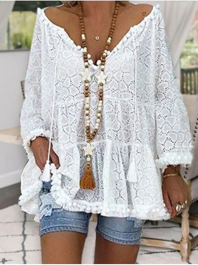  Women's Lace Shirt Shirt Blouse Solid Colored White Lace Hollow Out Eyelet Lace Long Sleeve Casual Daily Vacation Boho V Neck Regular Fit Summer Spring