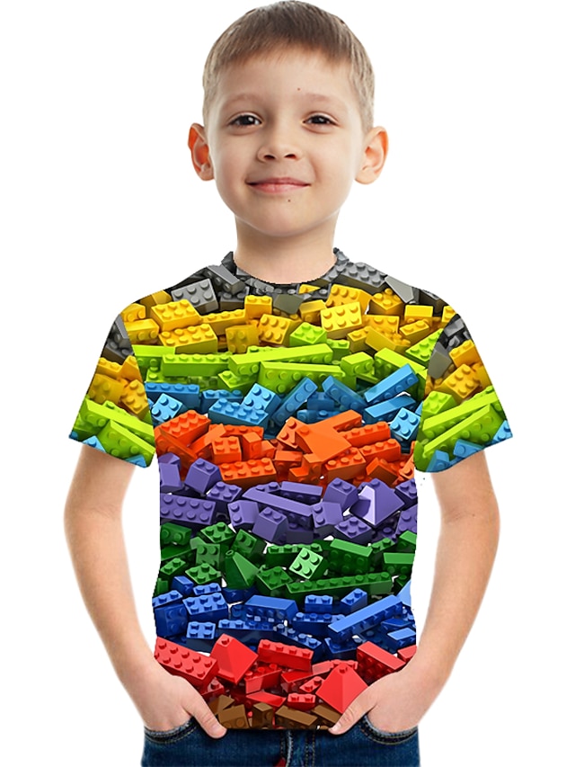  Gutt 3D Fargeblokk Regnbue 3D Print T skjorte Kortermet 3D-utskrift Sommer Sport Gatemote Grunnleggende Polyester Barn 3-12 år utendørs Daglig