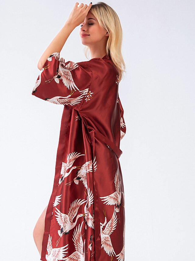  Women's Pajamas Robes Gown Bathrobes Nighty Simple Comfort Kimono Robes Animal Crane Satin Party Home Wedding Party V Wire Gift Long Sleeve Fall Spring Belt Included Pink Wine
