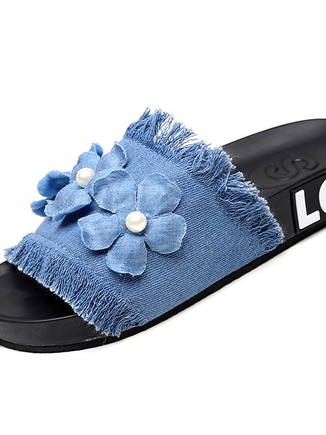  Women's Slippers & Flip-Flops Flat Heel Open Toe Casual Classic Home Daily Walking Shoes Canvas Denim Satin Flower Solid Colored Summer Dark Blue Light Blue