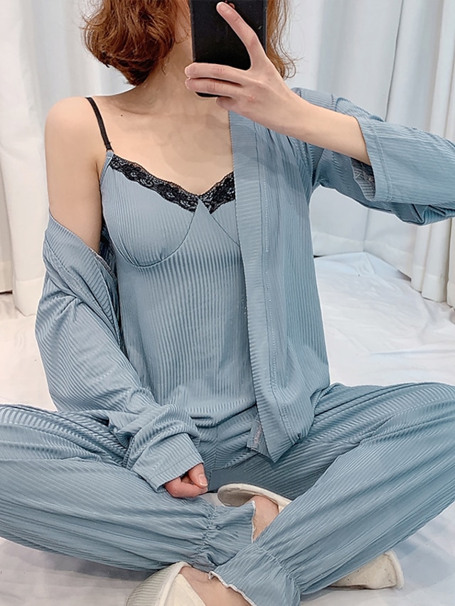  Femme Spandex / Mélange polyester / coton Normal V Profond Ultra Sexy Pyjamas Rayé / du quotidien / Printemps été / Automne hiver