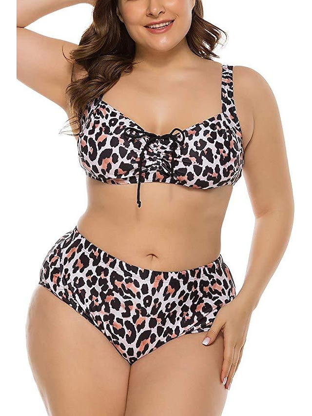  Women's Swimwear Tankini Swimsuit Bow Print Leopard Black Plus Size Swimwear Halter Bathing Suits / Padded Bras