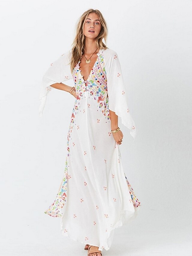  Women's Loose Maxi long Dress White 3/4 Length Sleeve Print Deep V S M L XL XXL