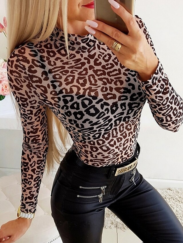  Women's T shirt Leopard Round Neck Daily Long Sleeve Tops Light Brown