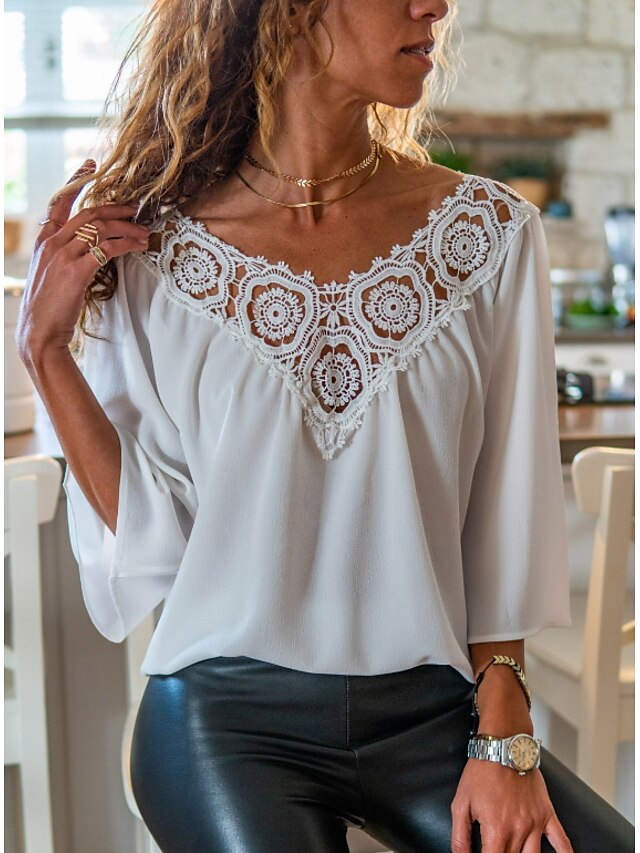  Women's Blouse Solid Colored V Neck Daily Long Sleeve Tops White