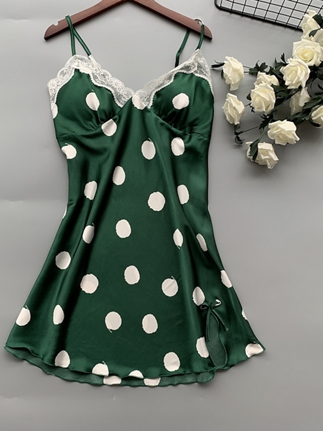  Women's 1 pc Pajamas Nightgown Satin Casual Comfort Polka Dot Polyester / Cotton Home Party Daily Deep V Gift Spring Summer Green White