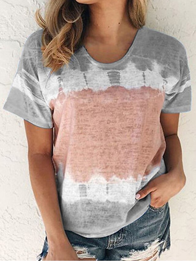  Dame T-shirt Farveblok Geometrisk Rund hals Toppe Blå Lilla Lyserød