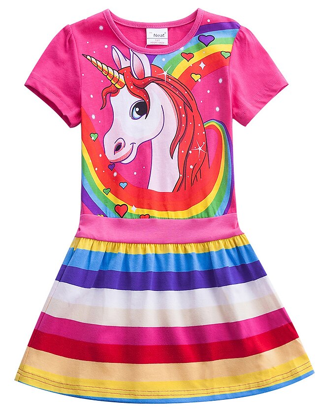  Kids Little Girls' Dress Unicorn Rainbow Cartoon Color Block Print Blue Fuchsia Knee-length Short Sleeve Cute Sweet Dresses Children's Day Regular Fit