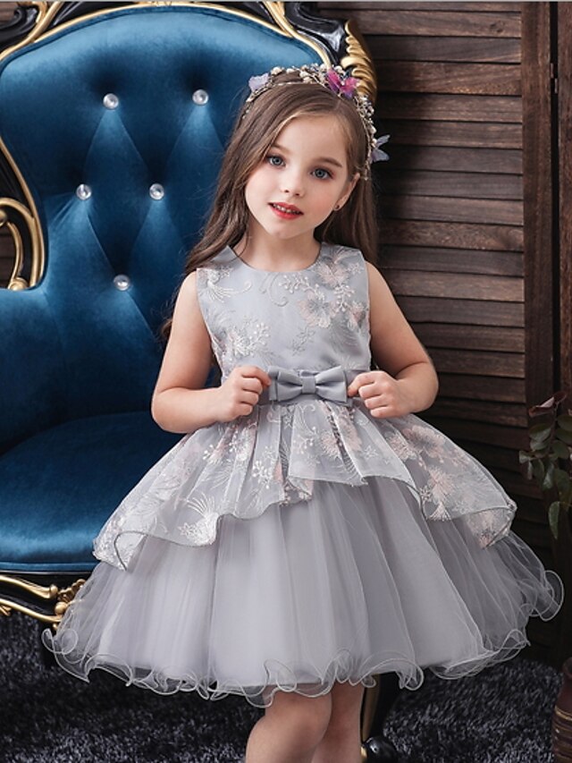  Kids Little Dress Girls' Floral Solid Colored Party Wedding Birthday Tulle Dress Embroidered Green Blue Pink Knee-length Lace Sleeveless Princess Dresses Fall Spring Children's Day Slim 1-5 Years