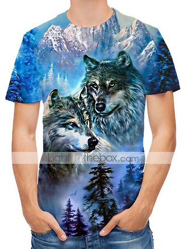  Men's T shirt Tee Graphic Animal 3D Round Neck Blue Casual Daily Short Sleeve Print Clothing Apparel