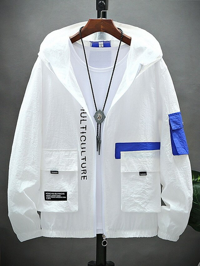  Men's Jacket Daily Regular Coat Hooded Regular Fit Jacket Long Sleeve Color Block Blue White Pink