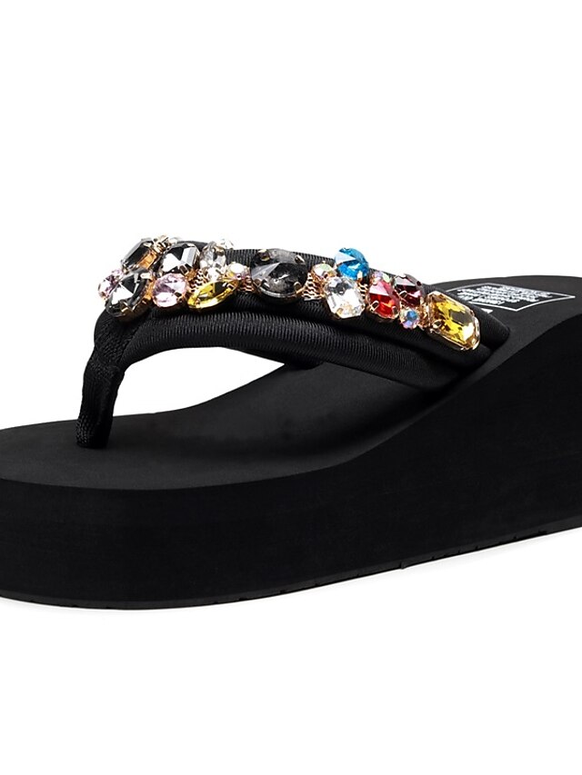  Women's Slippers & Flip-Flops Flip-Flops Daily Party & Evening Solid Colored Summer Rhinestone Sparkling Glitter Wedge Heel Open Toe Vintage Casual Walking Polyester Loafer Black