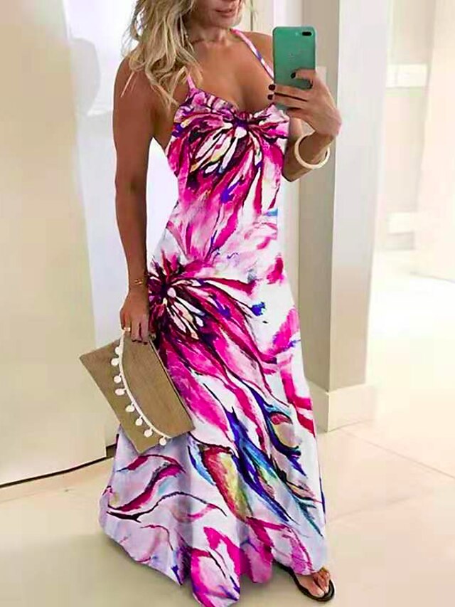  Women's Sundress Maxi long Dress Pink Sleeveless Print Color Block Slim S M L XL XXL 3XL 4XL 5XL / Plus Size / Plus Size