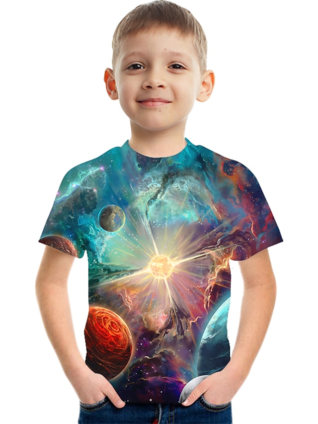  Børn Drenge T-shirt Kortærmet Farveblok 3D Trykt mønster Lyseblå Børn Toppe Sommer Basale Gade Barnet's Dag