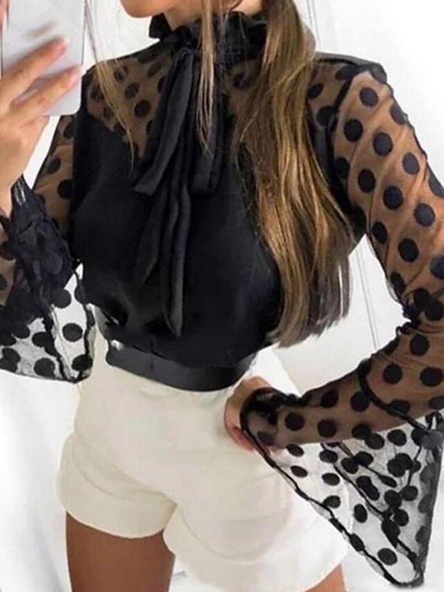  Women's Blouse Polka Dot Round Neck Daily Long Sleeve Tops Black