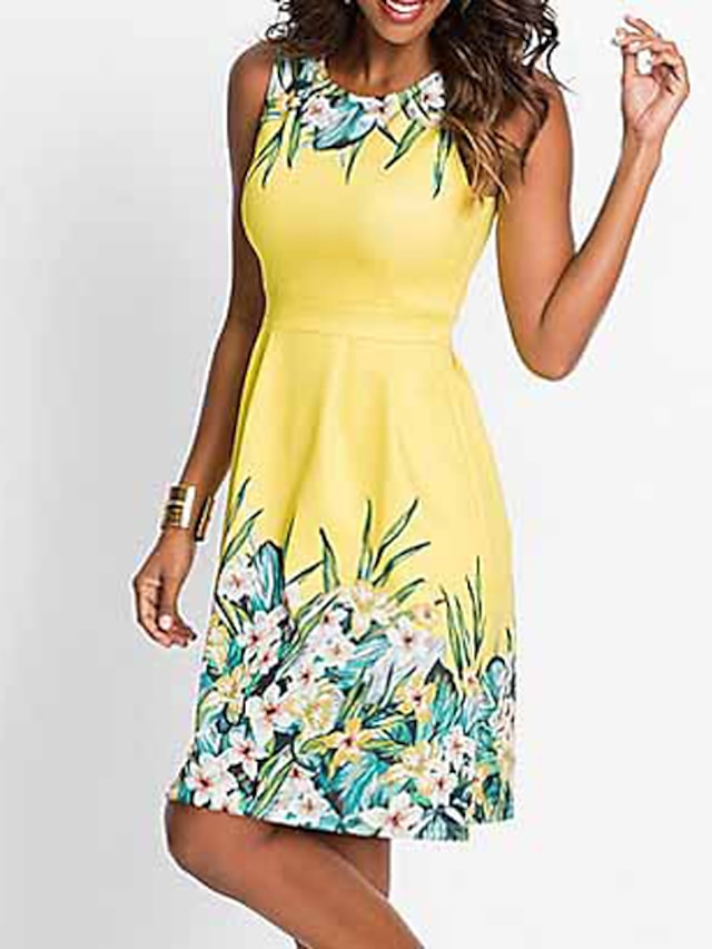  Women's A Line Dress Knee Length Dress Blue Yellow Fuchsia Sleeveless Floral Print Spring & Summer Round Neck Hot Elegant 2021 S M L XL XXL