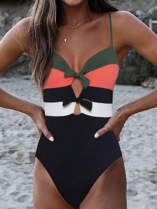  Women's Swimwear One Piece Normal Swimsuit Tummy Control Slim Knotted Color Block Black Bathing Suits Cross Block