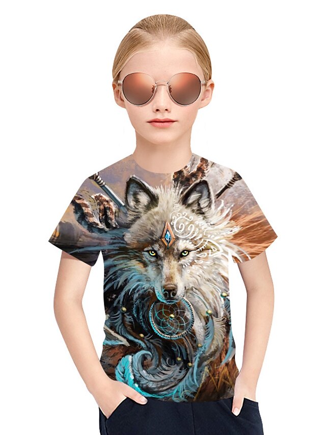  T-shirt Tee-shirts Fille Enfants Manches Courtes Tartan 3D Animal Gris Enfants Hauts Eté Actif Punk et gothique Le Jour des enfants