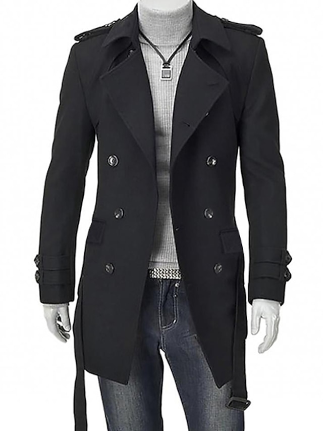  Men's Trench Coat Overcoat Winter Daily Long Coat Notch lapel collar Shirt Collar Simple Casual Jacket Long Sleeve Buckle Solid Colored Gray Black / Cotton