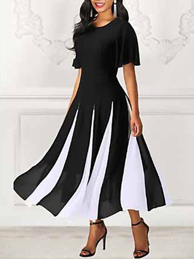 Women's Swing Dress Maxi long Dress Black Short Sleeve Black & White Color Block Spring & Summer Round Neck Hot 2021 M L XL