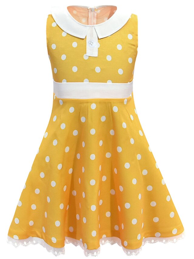  Kids Little Dress Girls' Polka Dot Lace Yellow Knee-length Sleeveless Basic Cute Dresses Children's Day Regular Fit