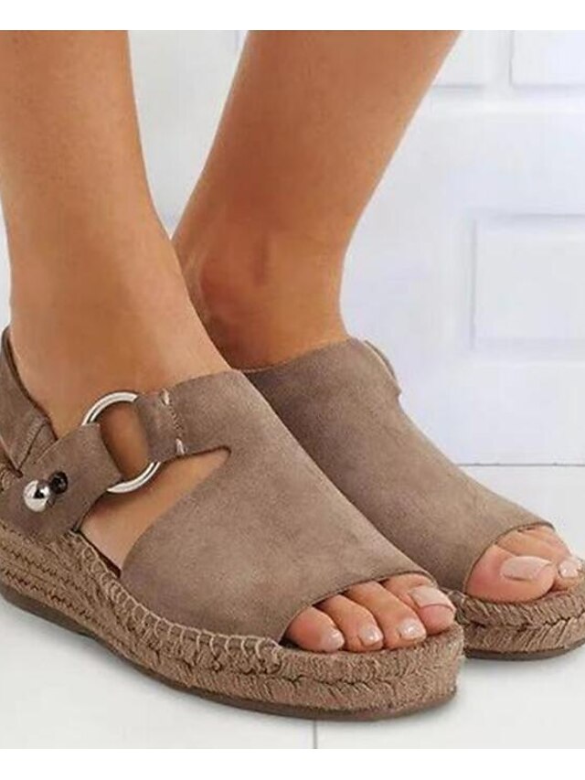  Women's Sandals Wedge Sandals Daily Summer Wedge Heel Round Toe PU Ankle Strap Black Khaki Beige