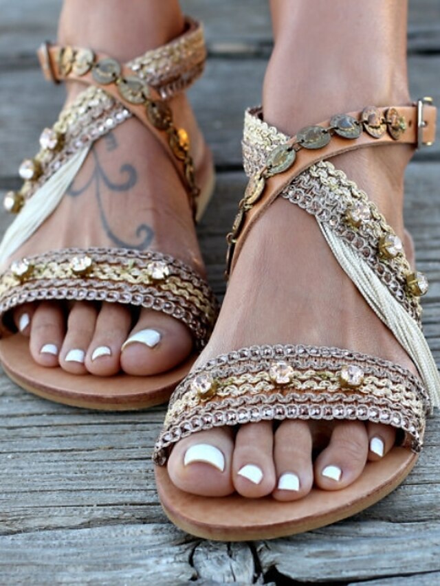  Women's Sandals Boho Bohemia Beach Flat Sandals Flat Heel Open Toe Daily PU Gold