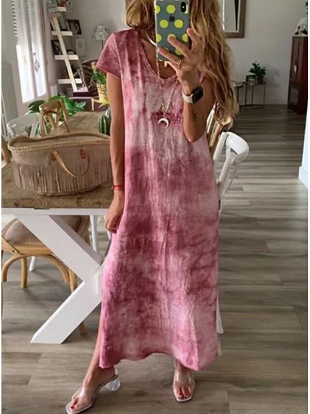  Mulheres Vestido de turno Vestido midi Rosa Manga Curta Imprimir Tintura Tie Dye Primavera Verão Decote V Casual 2021 L XL XXL