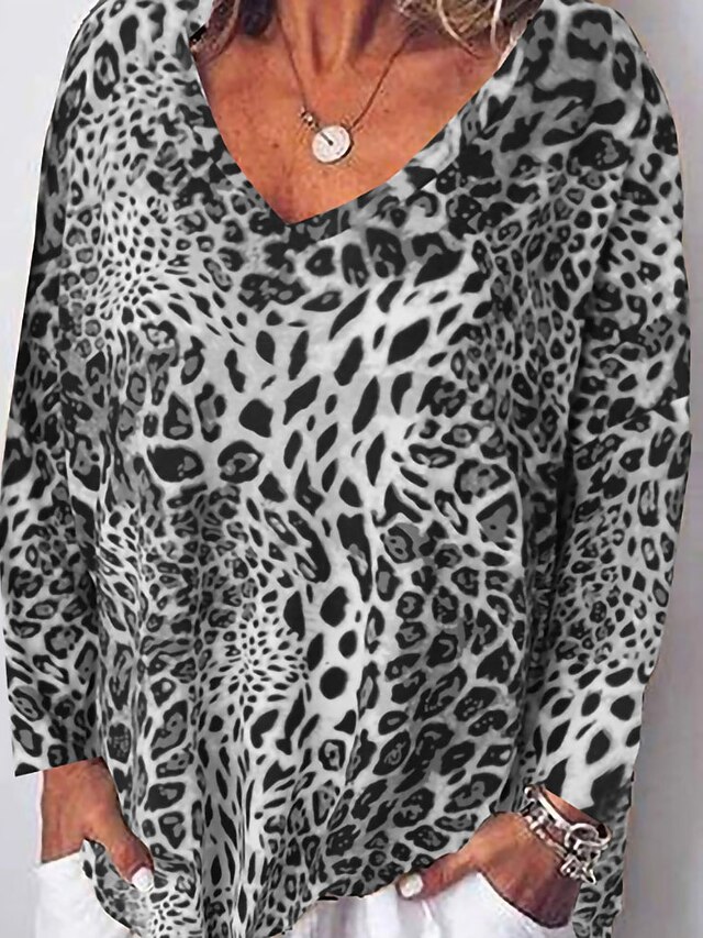  Mulheres Camiseta Leopardo Guepardo Ajuste Largo Decote Redondo Blusas Solto Cinzento Marron