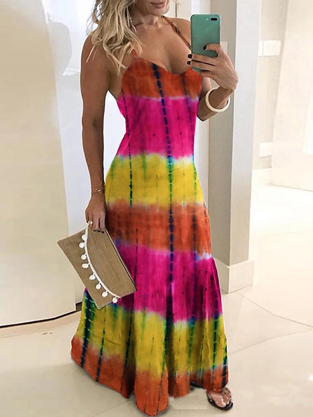  Women's Strap Dress Maxi long Dress Blue Red Rainbow Sleeveless Geometric Print Boho S M L XL XXL 3XL 4XL 5XL
