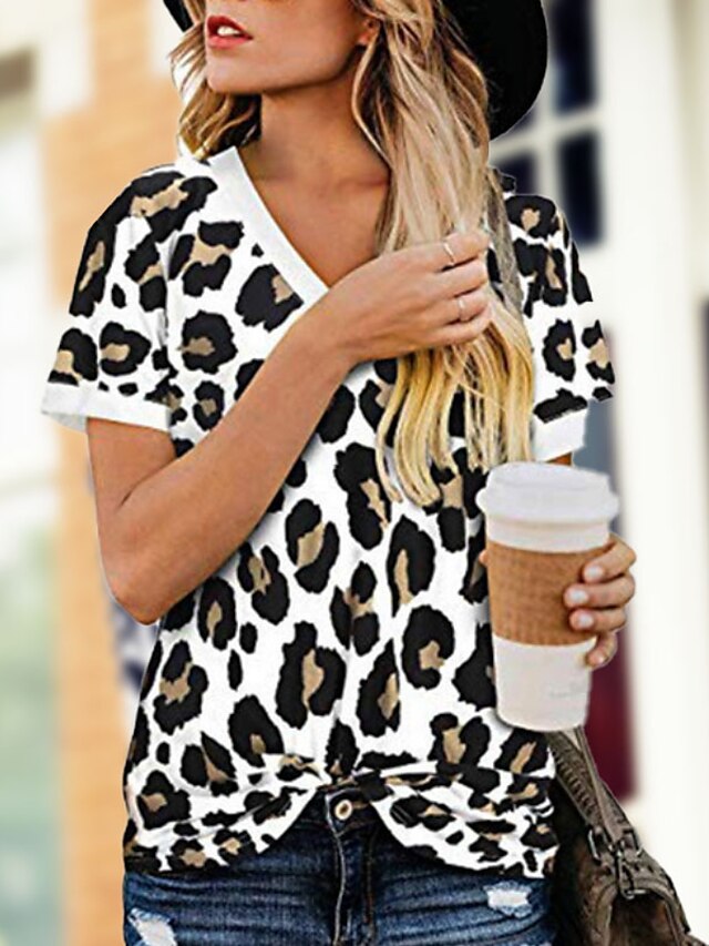  Women's T shirt Leopard Cheetah Print V Neck Tops Blue White Pink