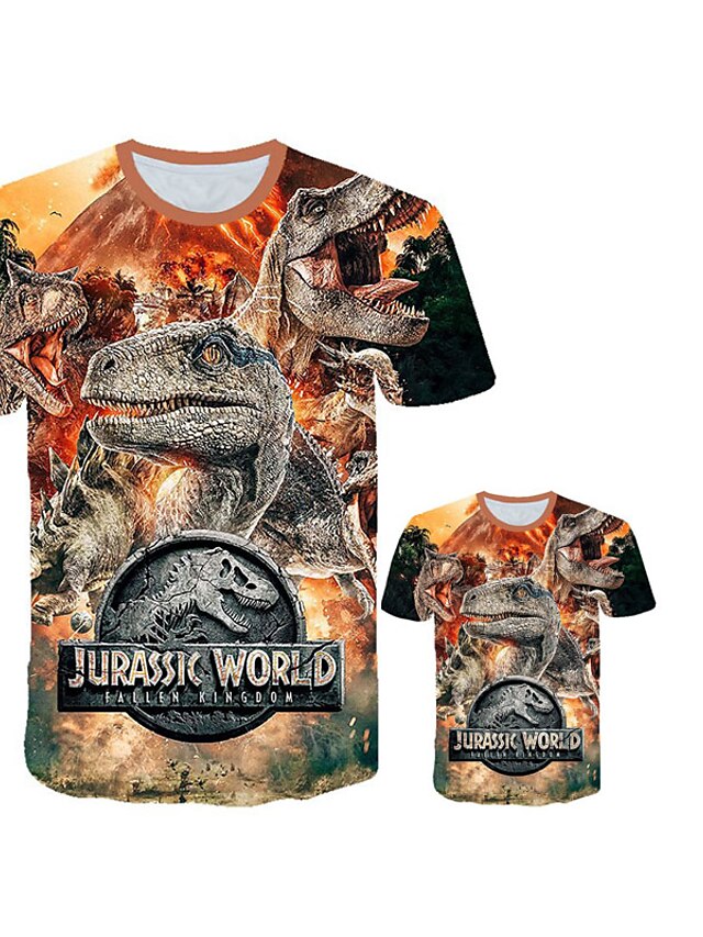  Familie udseende T-shirt Dinosaurus Fantastiske Dyr Farveblok Abstrakt Dyr Trykt mønster Kortærmet Aktiv Punk & Gotisk Normal Gul