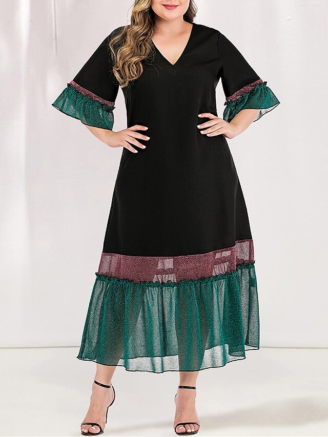  Women's A Line Dress Maxi long Dress Green Short Sleeve Blue & White Black & Red Solid Color Color Block Pleated Patchwork V Neck Elegant Casual Flare Cuff Sleeve L XL XXL 3XL 4XL / Plus Size