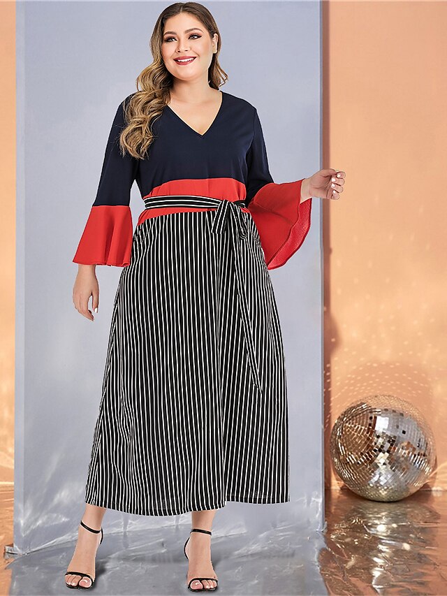  Women's A Line Dress Maxi long Dress Black Long Sleeve Striped Solid Color Color Block Patchwork Spring & Summer Fall & Winter V Neck Casual Streetwear Flare Cuff Sleeve L XL XXL 3XL 4XL / Plus Size