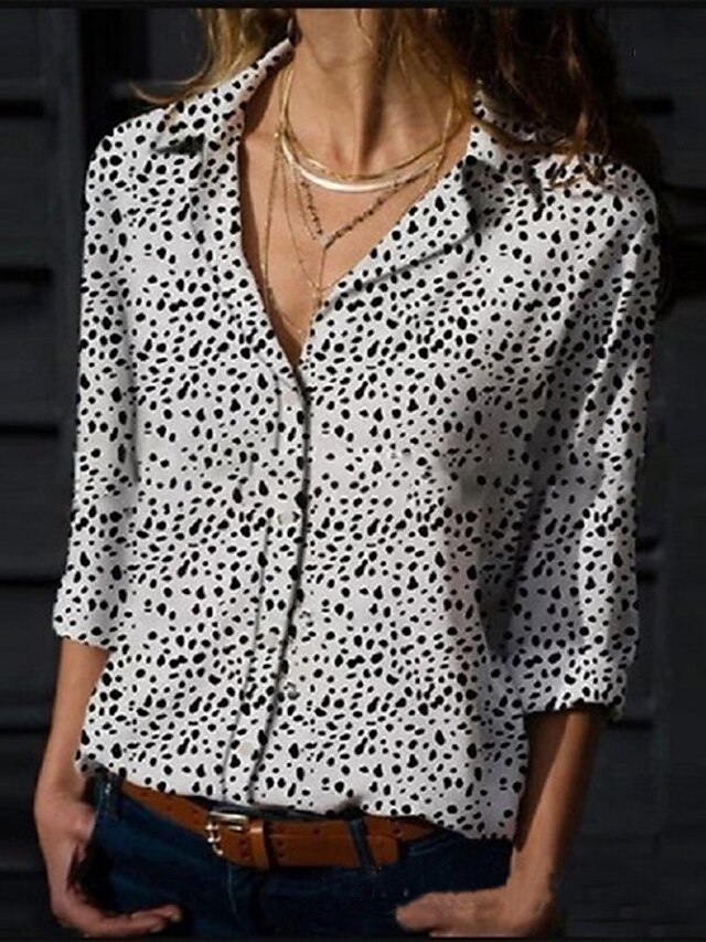  Women's Blouse Shirt Leopard Cheetah Print Shirt Collar Tops White Black Red