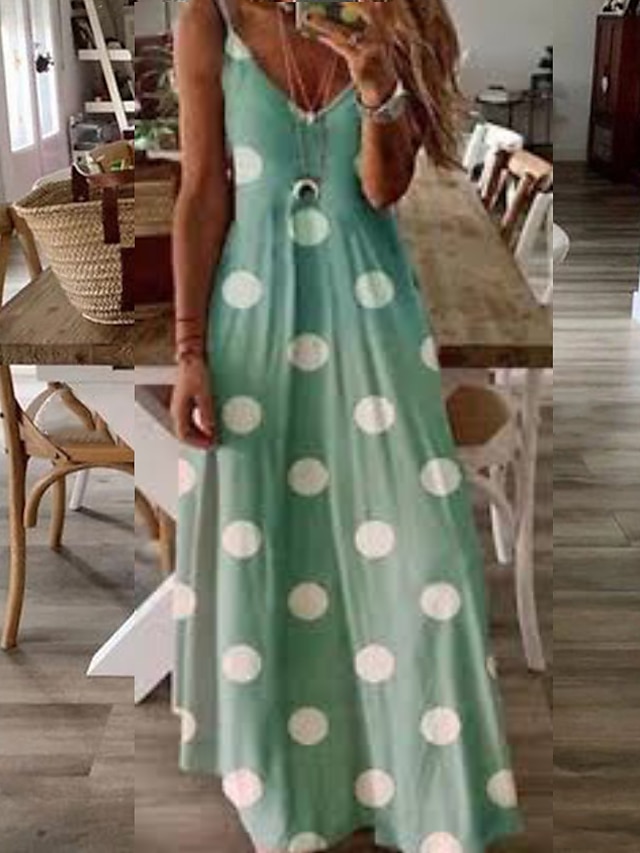  Women's Sundress Maxi long Dress Green Pink Gray Sleeveless Polka Dot Spring & Summer S M L XL XXL 3XL