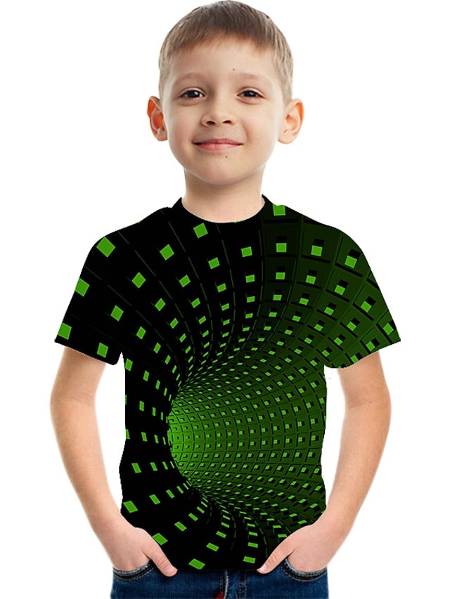  Kids Boys' T shirt Tee Short Sleeve Optical Illusion Color Block 3D Print Green Children Tops Summer Active Streetwear Sports Children's Day