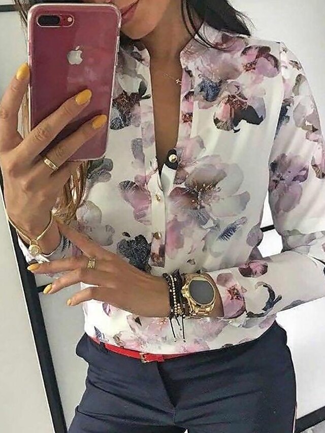  Mujer Blusa Camisa Floral Flor Manga Larga Cuello Camisero Tops Blanco
