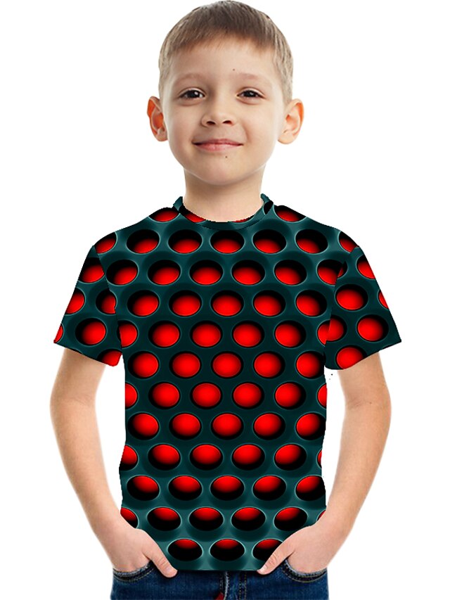  Niños Chico Camiseta Manga Corta A Lunares Bloques 3D Estampado Rojo Niños Tops Verano Básico Chic de Calle