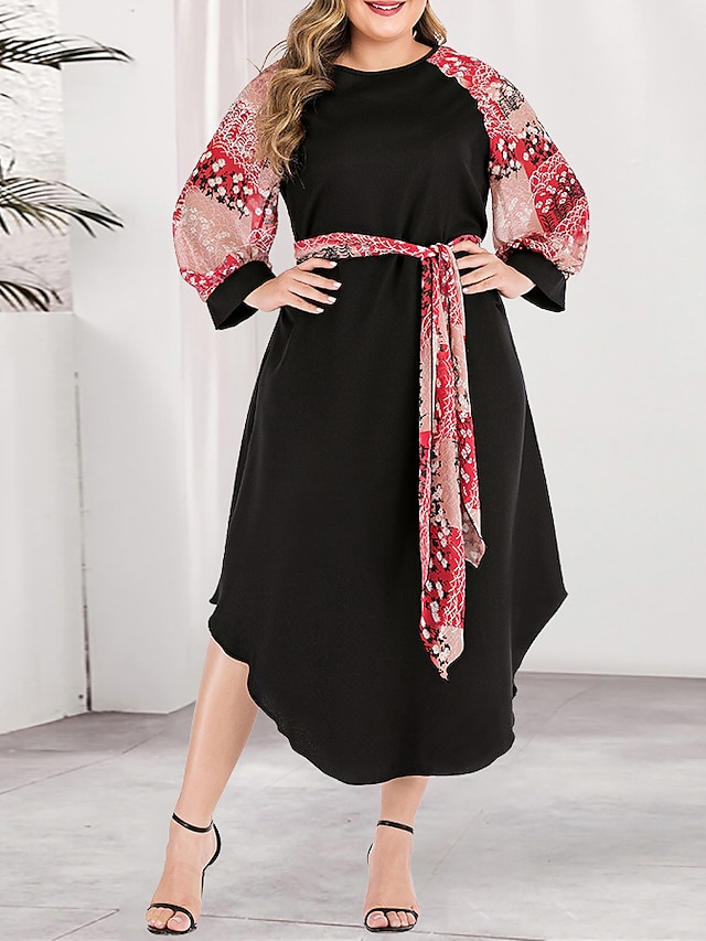  Women's A Line Dress Knee Length Dress Blushing Pink Long Sleeve Solid Color Color Block Print Spring & Summer Fall & Winter Round Neck Casual Boho L XL XXL 3XL 4XL / Plus Size